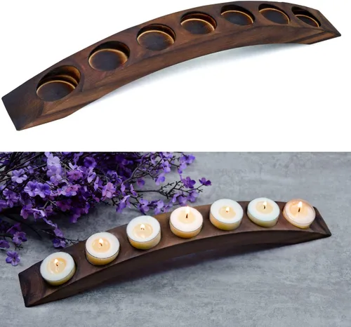 Vista 7 de Portavelas de puente de madera de 15 pulgadas de largo, barra larga para velas de té, 7 asientos de velas, color negro