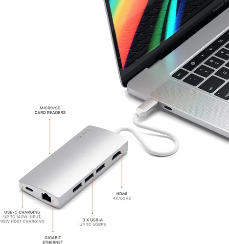 Vista 5 de Satechi Adaptador multipuerto USB C Hub 8 en 1 V2, 4K HDMI, carga USB C PD de 115 W, 3 USB-A, Ethernet, lectores de tarjetas Micro/SD, para laptop