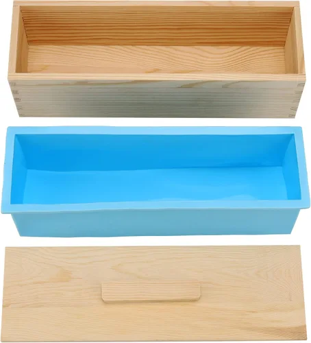 Vista 4 de Juego de 3 moldes de jabón de silicona de 42 onzas, kit de moldes de barra rectangular para hacer jabón con cajas y tapas de madera, moldes de jabón