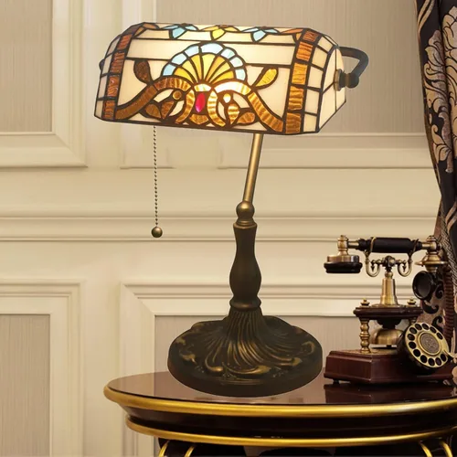 Vista 2 de Desk lamp Bankers Lamp Green, Antique Table, Vintage Glass Retro with Pull E27 Bedside Office Light for Livingroom,B Reading
