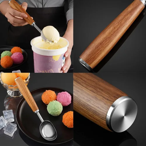 Vista 2 de Cuchara de helado de acero inoxidable con mango de madera, cuchara de hielo de metal para congelador, cuchara de galletas de café, accesorios