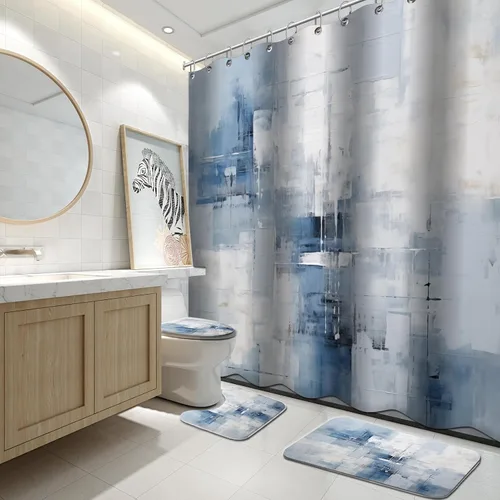 Vista 12 de Lnond 4 Piezas Juegos de Cortinas de Ducha de Baño Moradas con Alfombras, Arte de Pintura Púrpura y Gris Juegos de Baño con Cortina de Ducha