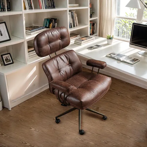 Vista 11 de Silla de oficina Mid Century Modren, silla ejecutiva giratoria con soporte lumbar, silla de escritorio ergonómica de respaldo medio con ruedas Beige