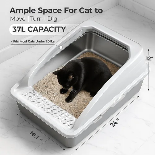 Vista 6 de Caja de arena XL de acero inoxidable con tapa para gatos grandes, evita olores y manchas, a prueba de fugas, libre de óxido y antiadherente, caja