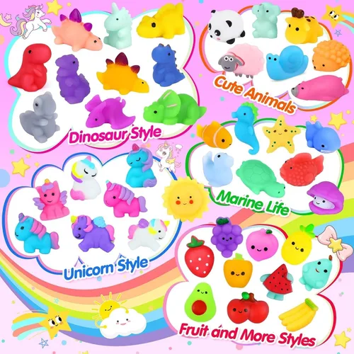 Vista 2 de Recuerdos de fiesta, 130 juguetes esponjosos: Kawaii Squishies Fidget Toys Caja del tesoro juguete para premios de aula, estudiantes, suministros