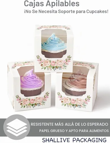 Vista 3 de Cajas para cupcakes para el día de la madre con ventana e insertos, 15 recipientes blancos premontados para cupcakes individuales para el día