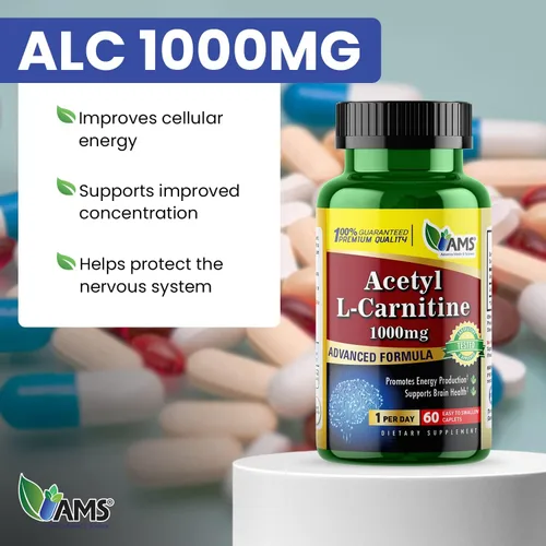Vista 2 de America Medic & Science Acetil L-carnitina 1000 mg (60 tabletas) Suplemento dietético para hombres y mujeres Promueve la producción de energía