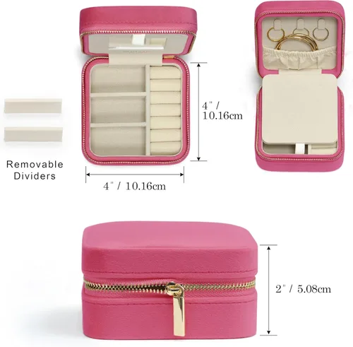 Vista 3 de BLUTETE Joyero de viaje organizador de terciopelo con espejo, anillos, aretes, collares, caja organizadora de almacenamiento (rosa baya)