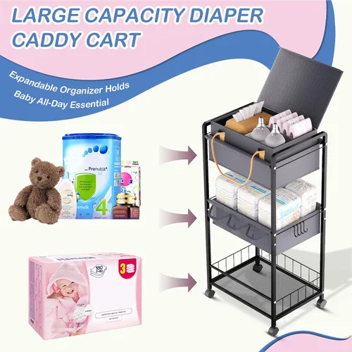 Vista 5 de Organizador de pañales para bebé, carrito de pañales enrollable de 3 niveles, pañales esenciales para recién nacidos, 2 en 1, con divisores