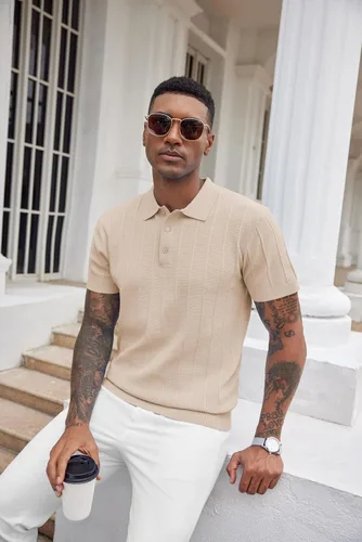 Vista 9 de COOFANDY Camisas polo de punto para hombre de manga corta con textura acanalada Camisas de golf casuales y ligeras con cuello Camiseta de polo