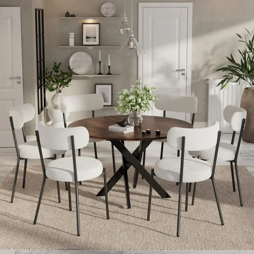 Vista 37 de Moderno juego de mesa de comedor redonda de 3 piezas, mesa de MDF circular negra y 2 sillas de comedor negras Boucle, muebles de cocina con marco