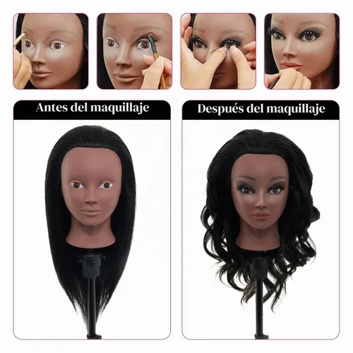 Vista 3 de Cabeza de maniquí de 18 pulgadas de cabello humano con soporte - Cabeza de maniquí 100% cabello real para práctica de maquillaje, cabeza de muñeca