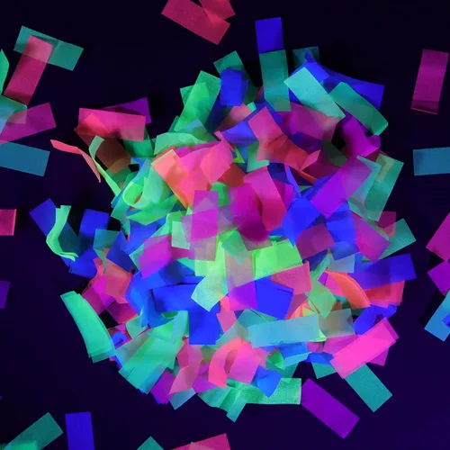 Vista 7 de Ultimate Confetti, Confeti biodegradable rectangular azul reactivo a los rayos UV, papel de seda resistente al fuego y confeti de caída lenta