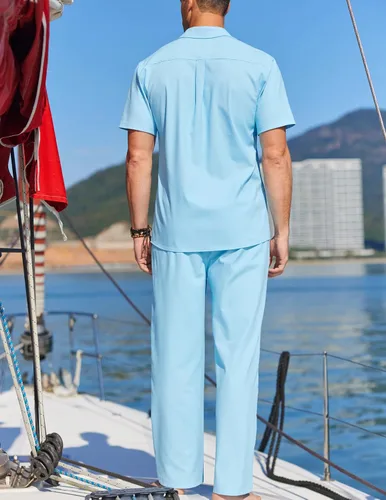 Vista 3 de COOFANDY Conjunto de lino para hombre, 2 piezas, casual, camisa con botones, pantalones con cordón