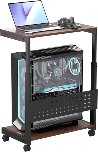 Vista 10 de Soporte de torre para computadora, soporte de torre para PC con ruedas, doble nivel y soporte de CPU ajustable de 5 niveles (23.2-33.5 pulgadas)