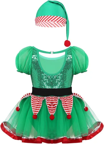 Vista 2 de Disfraz de elfo de Navidad para niñas, vestido tutú de malla con lentejuelas y pompón con sombrero para cosplay