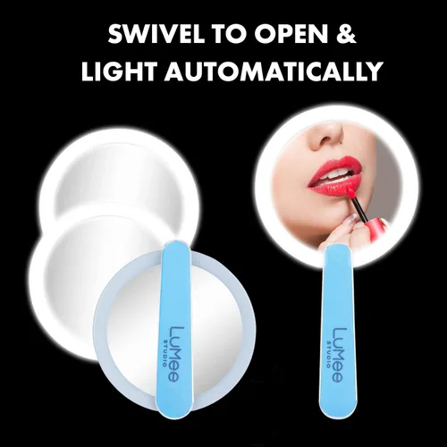 Vista 4 de Lumee Espejo de maquillaje iluminado – Espejo redondo con luz LED con batería recargable, mango plegable, espejo de mano portátil compacto