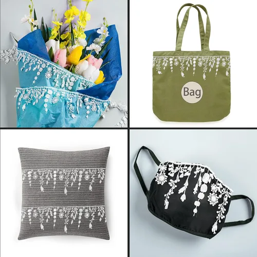 Vista 4 de OIIKI Borde de encaje blanco de 5 yardas con cinta de borlas, bordado inelástico, encaje de flores para bordes, borde de flecos de borla