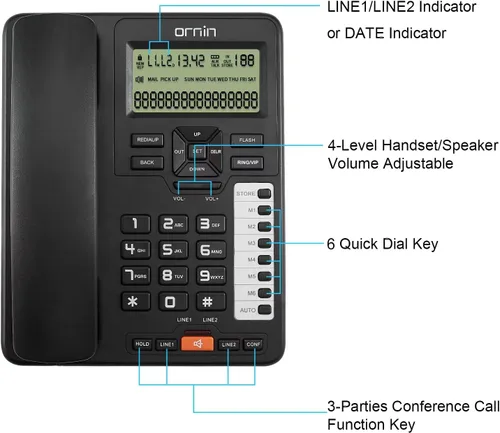 Vista 5 de Sistemas de teléfonos con cable de dos líneas de Ornin para pequeñas empresas y hogar, solo teléfono de escritorio (negro)