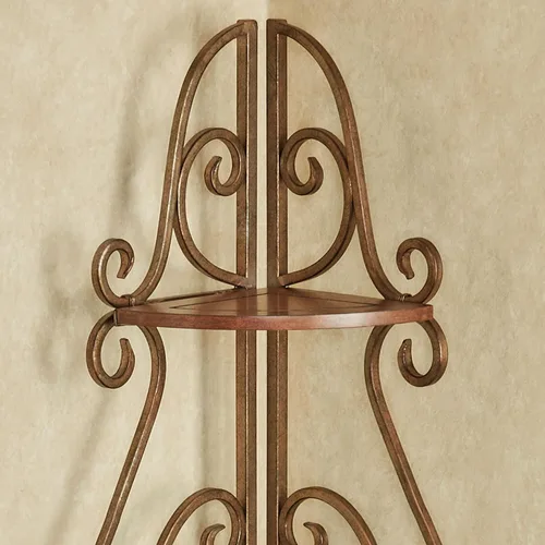 Vista 4 de Touch of Class Meyda Scrolling Corner Shelf Etagere Madera de cerezo natural, marco de metal con acabado de bronce, estante de esquina que ahorra