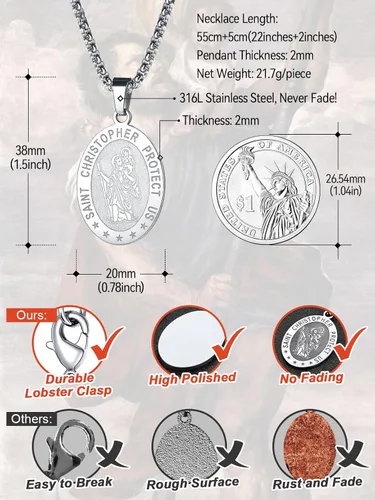 Vista 6 de FaithHeart Collar con colgante de San Cristóbal para hombres y mujeres, de acero inoxidable, amuleto católico, joyería personalizada con embalaje