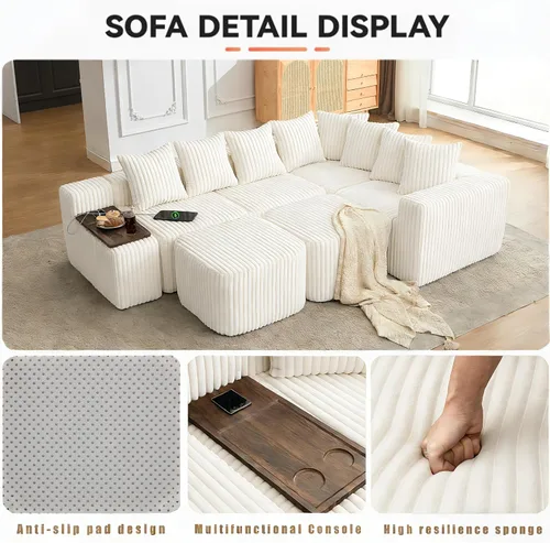 Vista 7 de Sofá seccional de 137.5 pulgadas, sofás modulares sin hueso para sala de estar, cómodo sofá de pana de felpa de asiento profundo, moderno sofá
