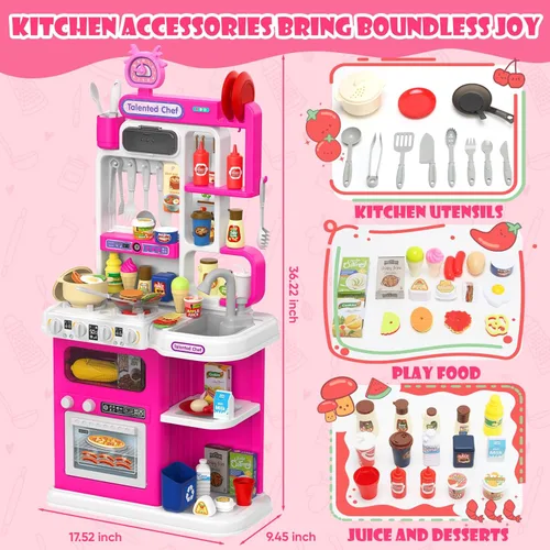 Vista 9 de Juego de cocina para niños, cocina de juego de 36.22 pulgadas para niños pequeños de 1 a 3 años con vapor, sonido y luz, estufa de cocina