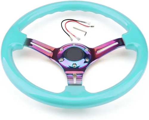 Vista 14 de Volante de Carreras de Coche de 6 Pernos Marco de Radios Neo Cromado Arcoíris Volante Universal de Posventa Compatible con Coche y Juego de Negro