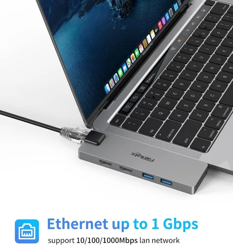 Vista 9 de Adaptador multipuerto USB C Hub para MacBook Pro 2019/2018/2017, adaptador USB C a HDMI dual 8 en 1 4K 60Hz, Ethernet de 1 Gbps, lector de tarjetas