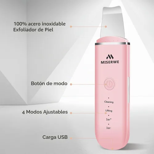 Vista 2 de Espátula facial para la piel, limpiador de poros con 4 modos (Rosa)