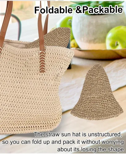 Vista 7 de Sombrero de sol para mujer, hecho a mano, cubo de paja de ganchillo para verano, plegable, gorra de viaje Beige y café