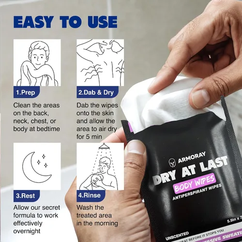 Vista 6 de Armoray Dry At Last - Toallitas antitranspirantes para el cuerpo, envueltas individualmente, toallitas desodorantes para mujeres para protección