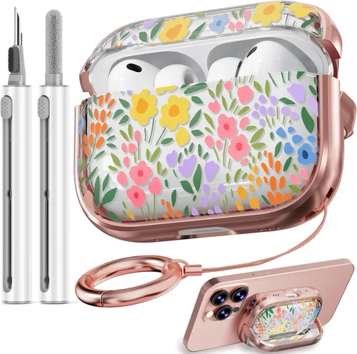 Vista 30 de Inesore Funda con bloqueo de seguridad para AirPods 4 2024, bonita funda floral para AirPod de 4ª generación para mujeres con kit limpiador