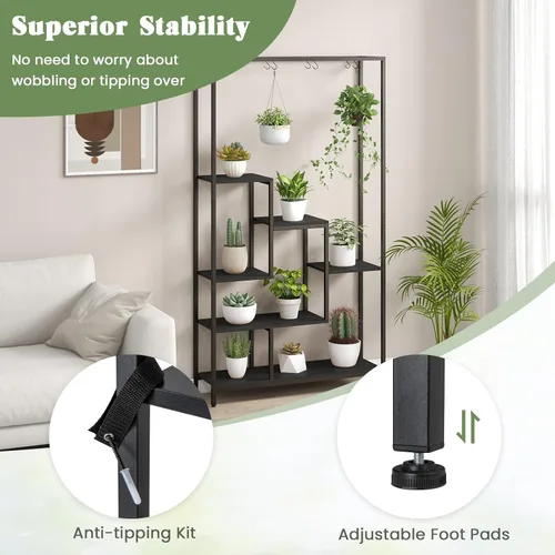 Vista 6 de Soporte para plantas de 6 niveles para interiores, soporte para plantas de 70.9 pulgadas de alto con 10 ganchos colgantes en S, estante de metal