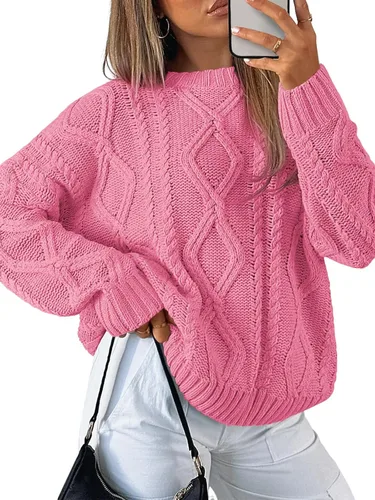 Vista 9 de Trendy Queen Suéteres de punto trenzado de gran tamaño para mujer, trajes Verde militar