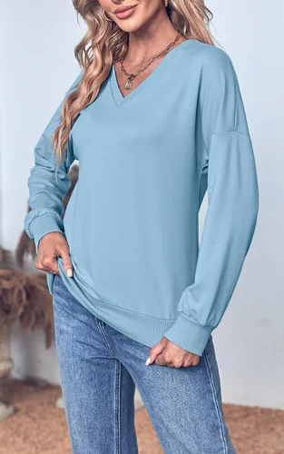 Vista 2 de Sudaderas con cuello en V para mujer, sin capucha, de manga larga, ligeras, modernas, para otoño, primavera, básicas