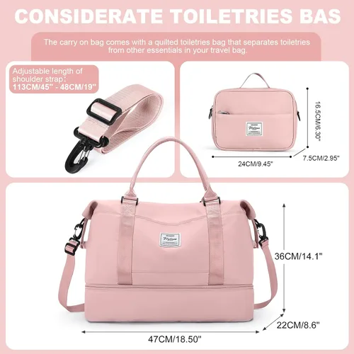 Vista 3 de Bolsas de fin de semana para mujer, bolsas de viaje con compartimento para zapatos, Rosado, Bolsa de viaje+neceser