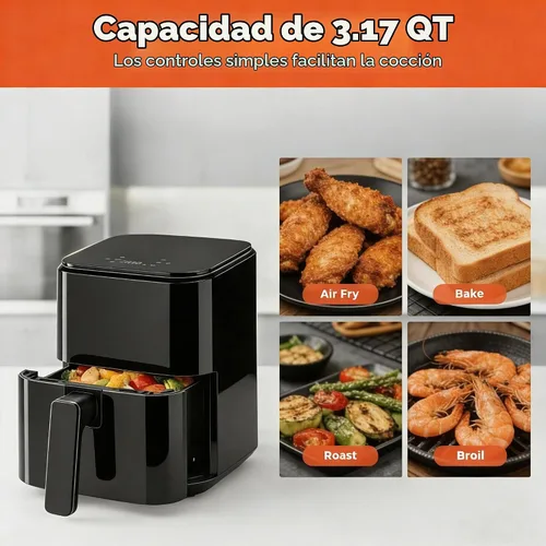 Vista 6 de HealSmart Freidora de aire compacta de 3.17 cuartos de galón, freidora digital pequeña 8 en 1 con 400 °F, cesta antiadherente apta para Negro-3.17 Qt