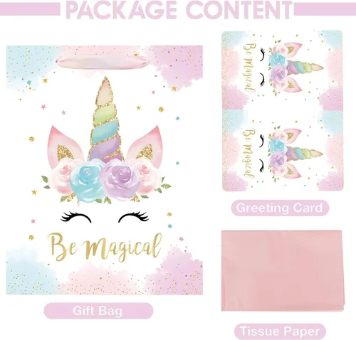 Vista 4 de Bolsa de regalo de unicornios grandes de 13 pulgadas para cumpleaños, baby shower, bolsa de regalo para niña con tarjeta y papel de seda, diseño