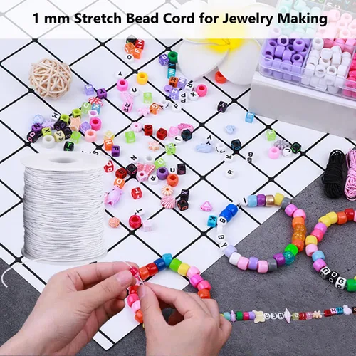 Vista 4 de Cuerda elástica para pulseras, 1 mm 100.6 yardas de cuerda duradera para pulseras, cuerda elástica para hacer joyas, collares y cuentas, color blanco