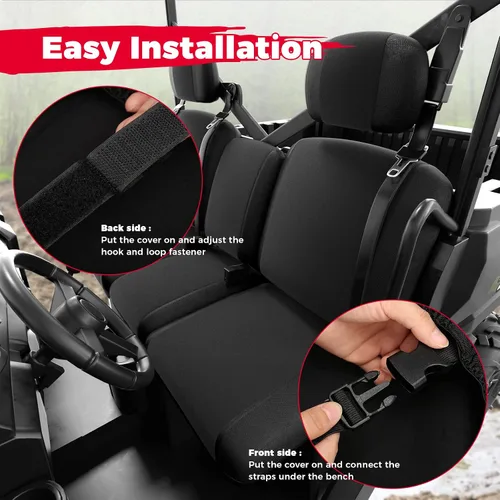 Vista 5 de Kemimoto Fundas de asiento UTV Negras, juego de fundas de asiento UTV impermeables y repelentes con funda para reposacabezas, compatibles con Can Am