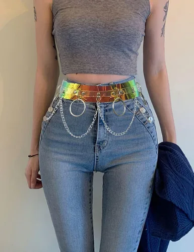 Vista 7 de TOPACC Trajes de rave con cinturón holográfico para mujer, disfraz iridecente para niñas