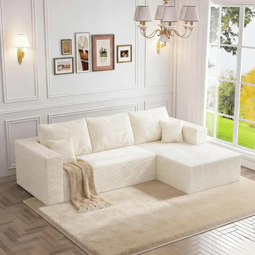 Vista 7 de Sofá otomano modular de pana de 28 pulgadas sin hueso, sofá otomano seccional para sala de estar, color beige