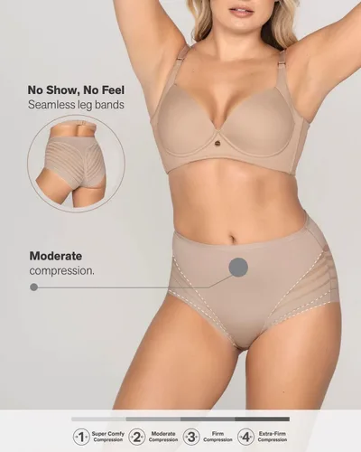 Vista 4 de Leonisa Ropa interior invisible de cintura alta con control de abdomen y encaje a rayas - Bragas moldeadoras para mujer