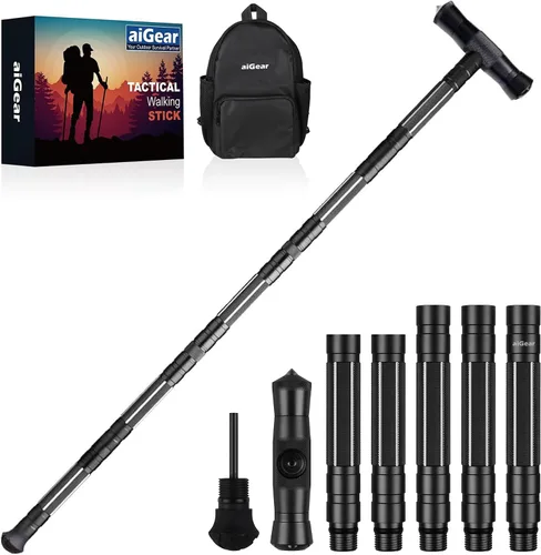 Vista 10 de aiGear G2 Tactical Hiking Stick, 5-Section Heavy Duty Walking Staff for Men Women, Aerospace-Grade Aluminum Alloy Trekking Poles with Integrated
