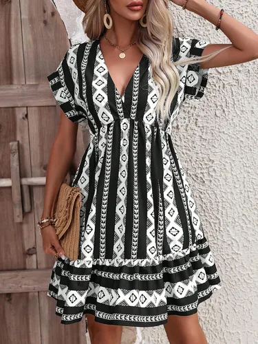 Vista 5 de WDIRARA Mini vestido corto de manga Dolman con cuello en V profundo y estampado geométrico bohemio para mujer