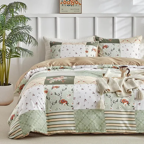 Vista 25 de Lekesky Funda de edredón reversible tamaño Queen, juego de funda de edredón tamaño Queen de 3 piezas, juego de ropa de cama de microfibra verde