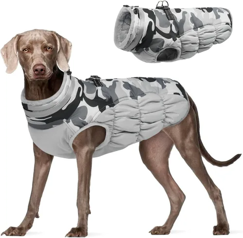 Vista 43 de Abrigo para perro, chaqueta cálida de invierno, acolchada, de vellón, chaleco reflectante con arnés, chaqueta de nieve impermeable con cremallera, a