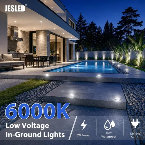 Vista 2 de JESLED Luces de paisaje de bajo voltaje, luces LED de pozo de 6 W IP67 impermeables, 6000 K luces blancas brillantes en el suelo con conectores