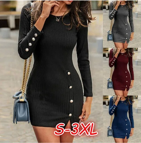 Vista 2 de Vestido ajustado de punto acanalado de manga larga para mujer, mini vestido de fiesta